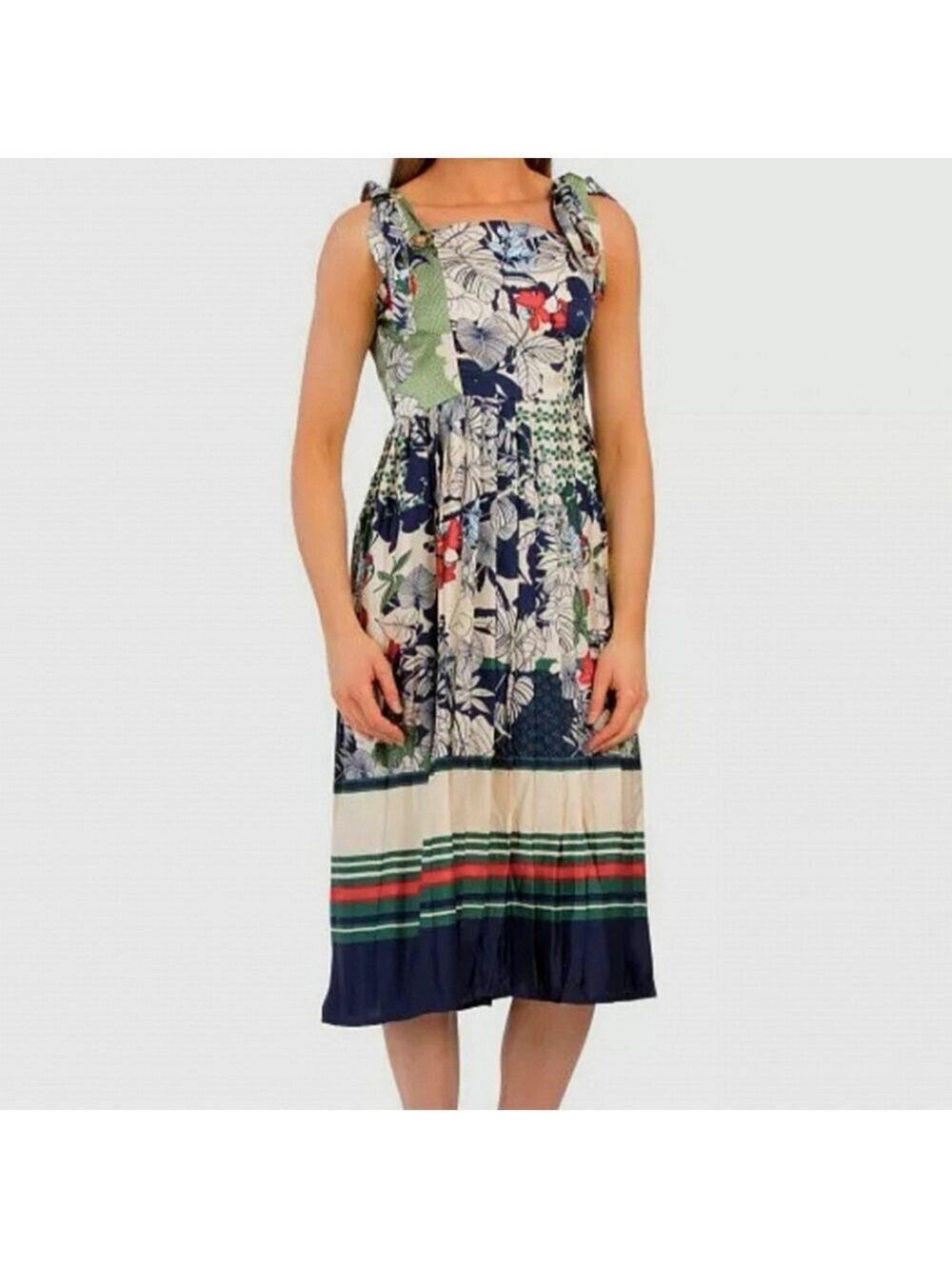 NWT Dalia MacPhee Pleated Tie Shoulder Floral Dress, Size S